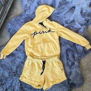 PINK lounge set in yellow shorts and hoodie